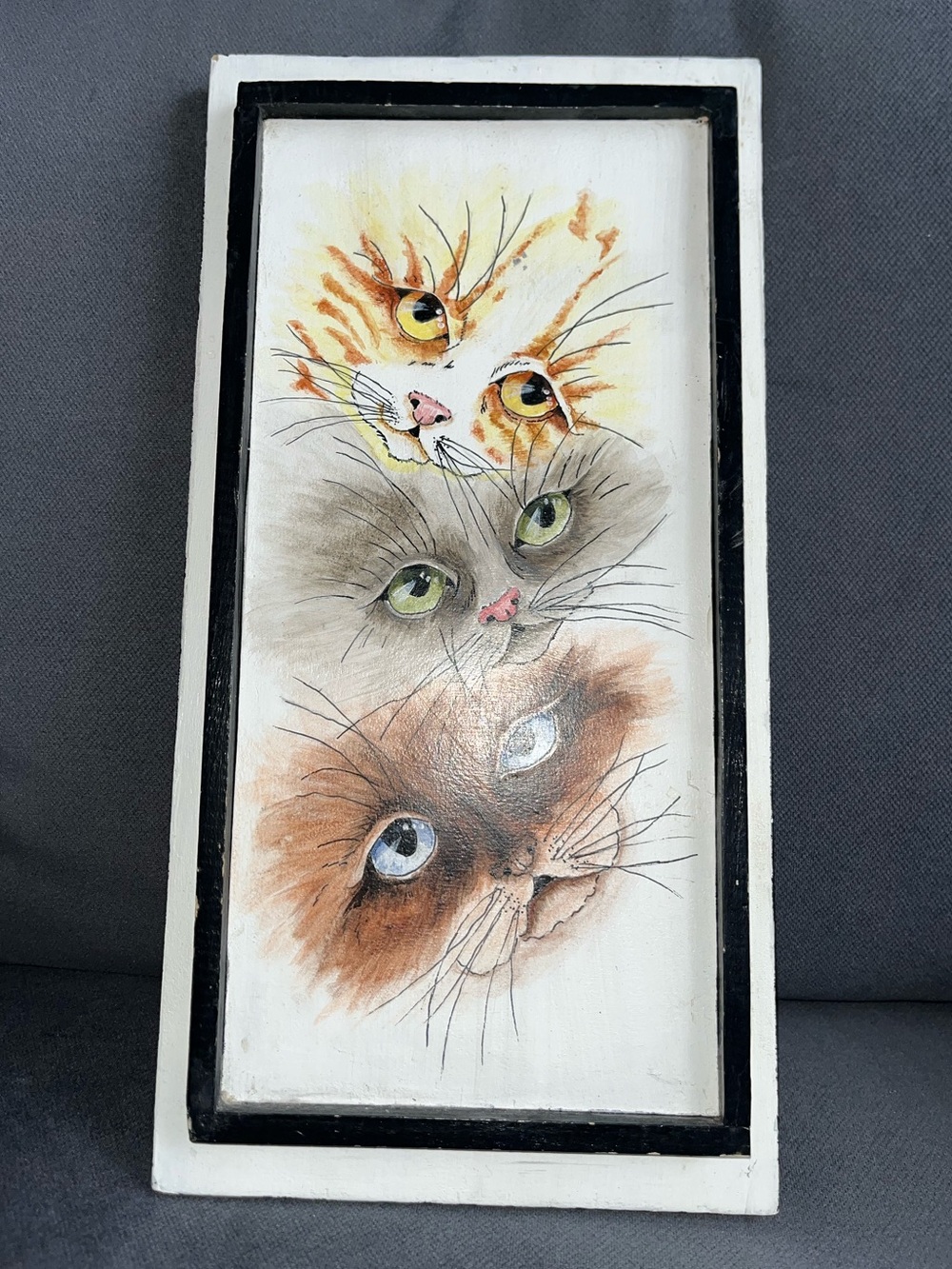 Vintage Hand Painted Cat Wall Art Plaque on Wood | Signed DJ Chapman FolkArt 14”